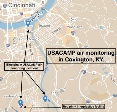 A map shows air monitoring locations in Covington, KY