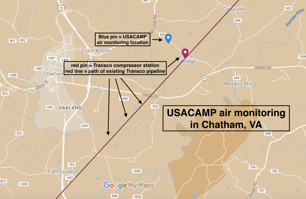 A map shows air monitoring locations in Chatham, Virginia.