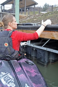 Erin Savage of Appalachian Voices collects a water sample from the Elk River downstream from the spill site on Jan. 10. Photo by Eric Chance
