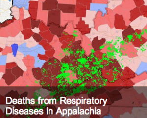 This map captures the correlation between deaths from respiratory disease in Appalachia and mountaintop removal coal mining. 