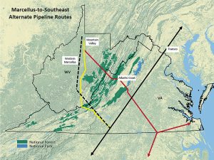 Proposed natural gas pipelines would expand the fuel's availability to southeastern electric utilities, but some concerned citizens want developers to better utilize existing pipeline capacity. Map created by Rick Webb for Appalachian Mountain Advocates. 