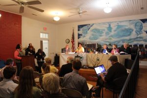 Stokes County, N.C., resident Tracey Edwards speaks in favor of a moratorium on fracking during a meeting of the Walnut Cove Board of Commissioners earlier this month.