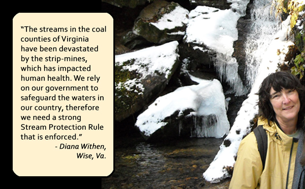 Clean water is vital for life. The streams in the coal counties of Virginia have been devastated by the strip-mines, which has impacted human health. We have some of the highest rates of cancer in the state. We rely on our government to safeguard the waters in our country, therefore we need a strong Stream Protection Rule that is enforced.— Diana Withen, Wise, Va.