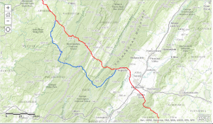 The proposed realignment (in blue) of the Atlantic Coast Pipeline through the George Washington National Forest impacts new areas of Pocahontas County, W.Va., and Bath, Highland and Augusta counties in Virginia.
