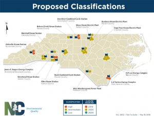 A map showing the N.C. Department of Environmental Quality's risk classifications for coal ash ponds across the state.