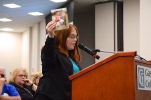Amy Brown, a resident of Belmont, N.C., speaks during a public hearing related to the risk ranking of a Duke Energy coal ash site near her home.