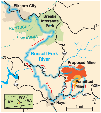 A map of the Doe Branch Mine and watershed connections to the Russell Fork River. At a recent hearings Southwest Virginians shared their concerns about Doe Branch with state regulators.