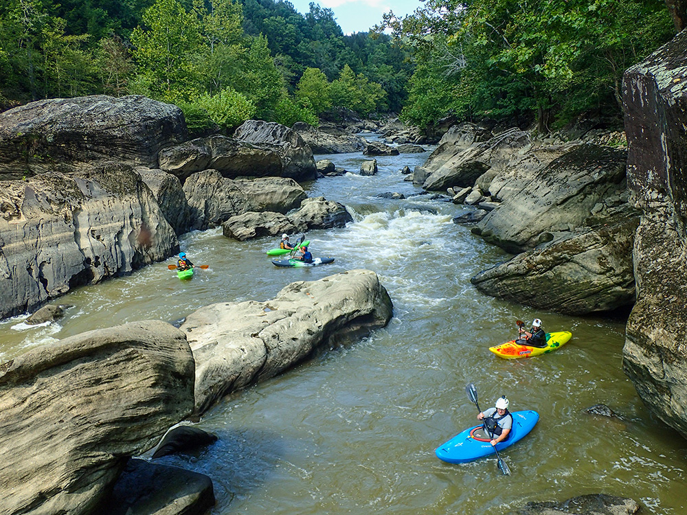 Kayakers converge below a rapid