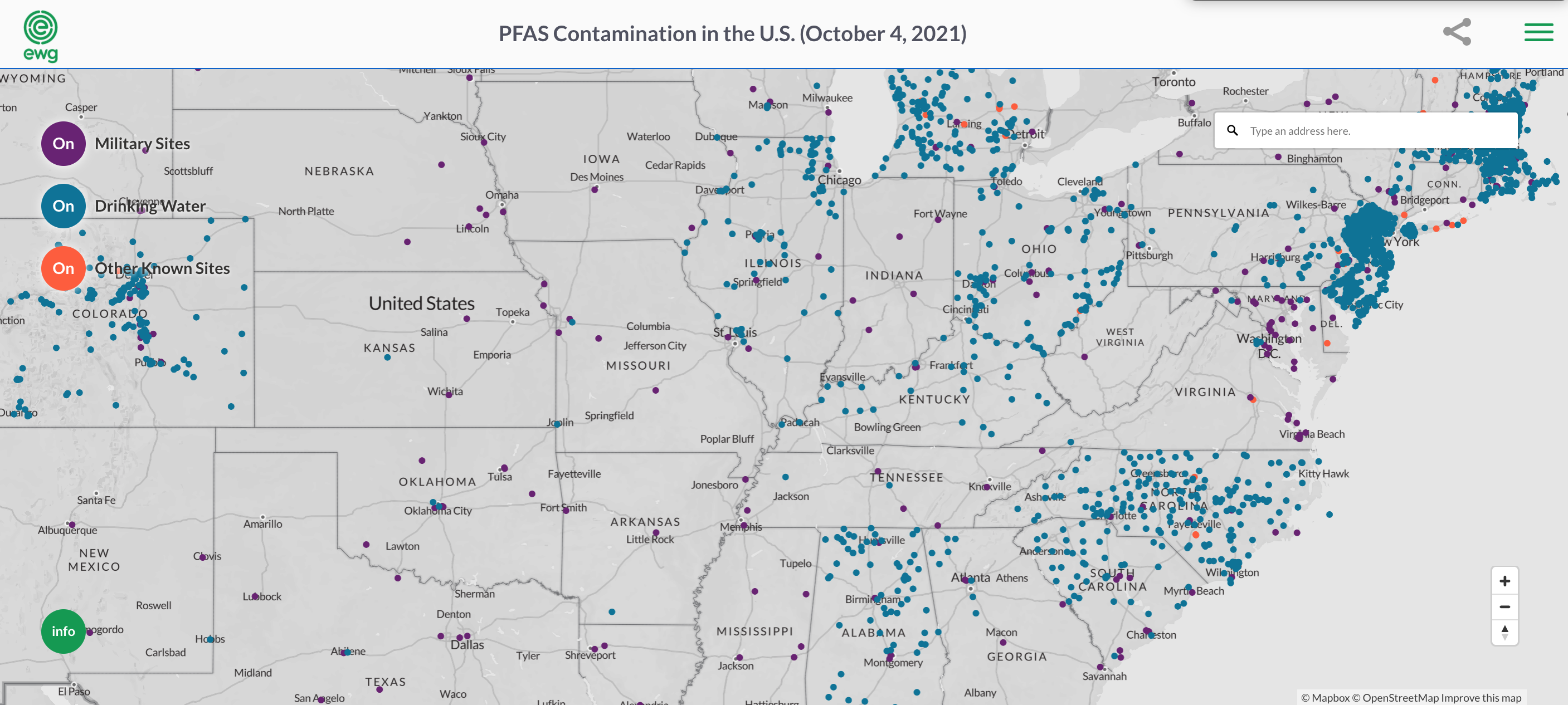Screenshot of map shows a patchwork of sites with known PFAS in drinking water. 