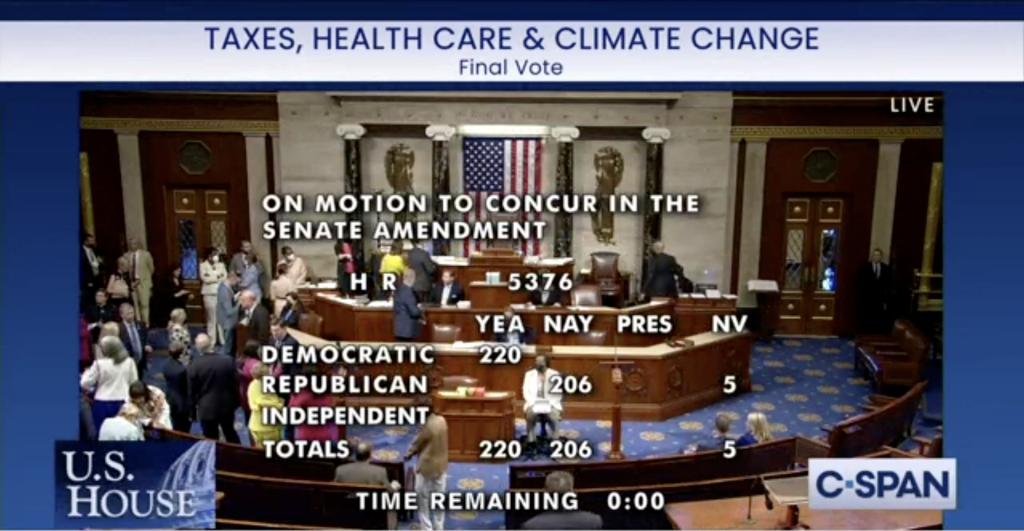 The near final vote on the Inflation Reduction Act. (One more Republican would vote no before the final tally)