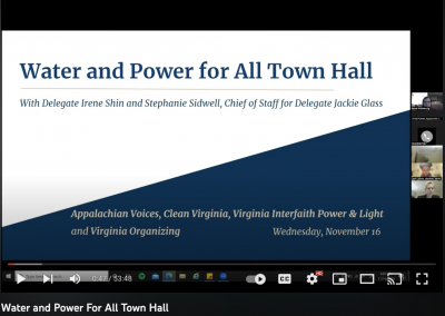 screenshot shows the cover slide from the recording of the Water and Power For All Town Hall