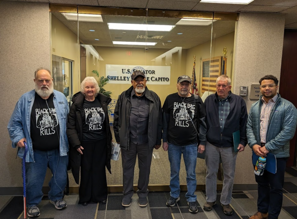 Members of the Black Lung Association and Appalachian Voices Federal Legislative Specialist Quenton King meet at the office of Senator Capito in Charleston, West Virginia. Photo courtesy of Quenton King.