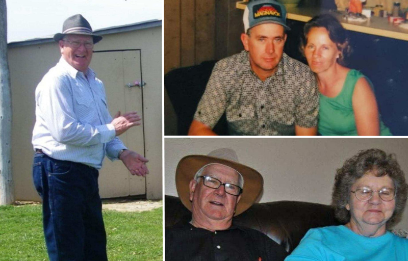 A smiling older man in a hat (vertical), a younger man and woman side by side (top right), and and the same couple years later (lower right).