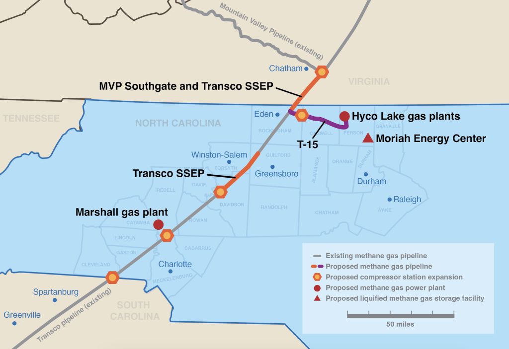 North Carolina gas build-out map showing the proposed Transco SSEP and T-15 pipelines, compressors, methane gas plants, and Moriah Energy Center liquified methane gas storage facility. Map by Appalachian Voices