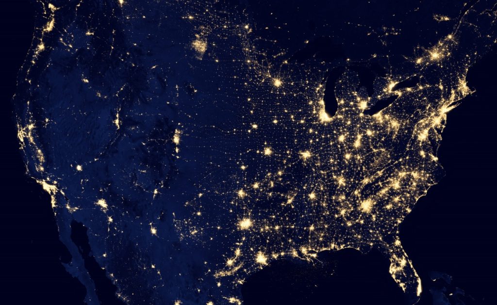 A map of the United States shows light pollution from space.