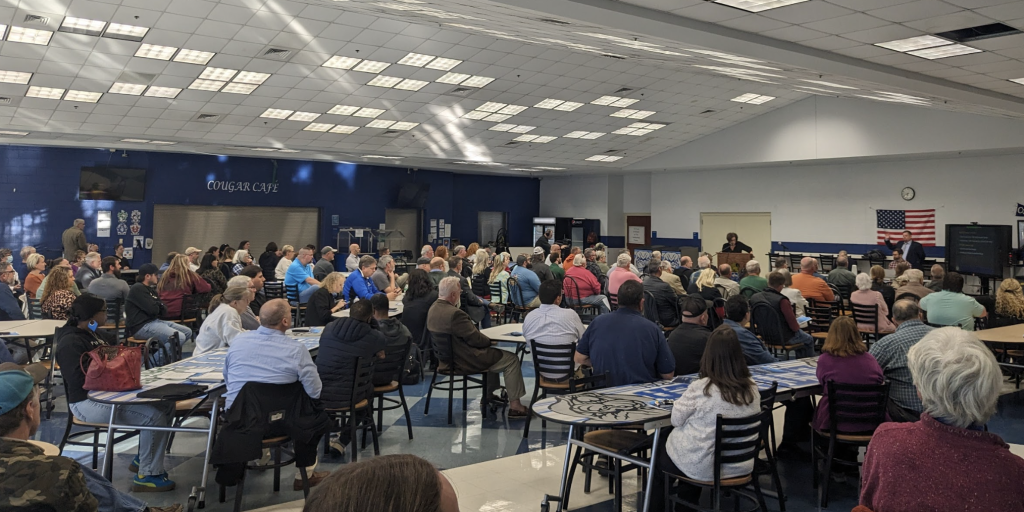 Letcher Countians packed the cafeteria al Letcher Central High School in March as representatives of the federal Bureau of Prisons heard input from community members about the environmental impacts of the proposal. Photo by Willie Dodson.