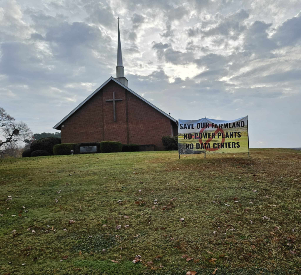 Chalk Level, Pittsylvania County. Photo by Jessica Sims. Sign reads "save our farmland, no power plants, no data centers."