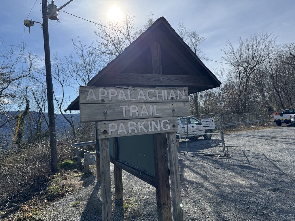 Sign that reads Appalachian Trail Parking at the McAfee Knob trailhead.