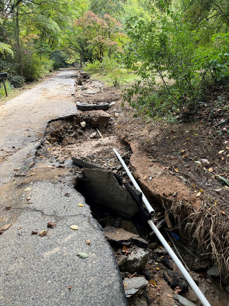 Photo of damage to Magnolia Road, North Carolina. Photo credit: Rev. Rob Morris, Executive Director, Christmount.