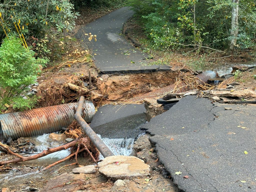 Photo of damage to Pine Grove road, North Carolina. Photo credit: Rev. Rob Morris, Executive Director, Christmount.