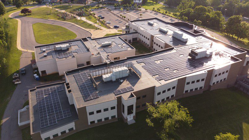 Overview of solar panels on Fallon Park Elementary School.