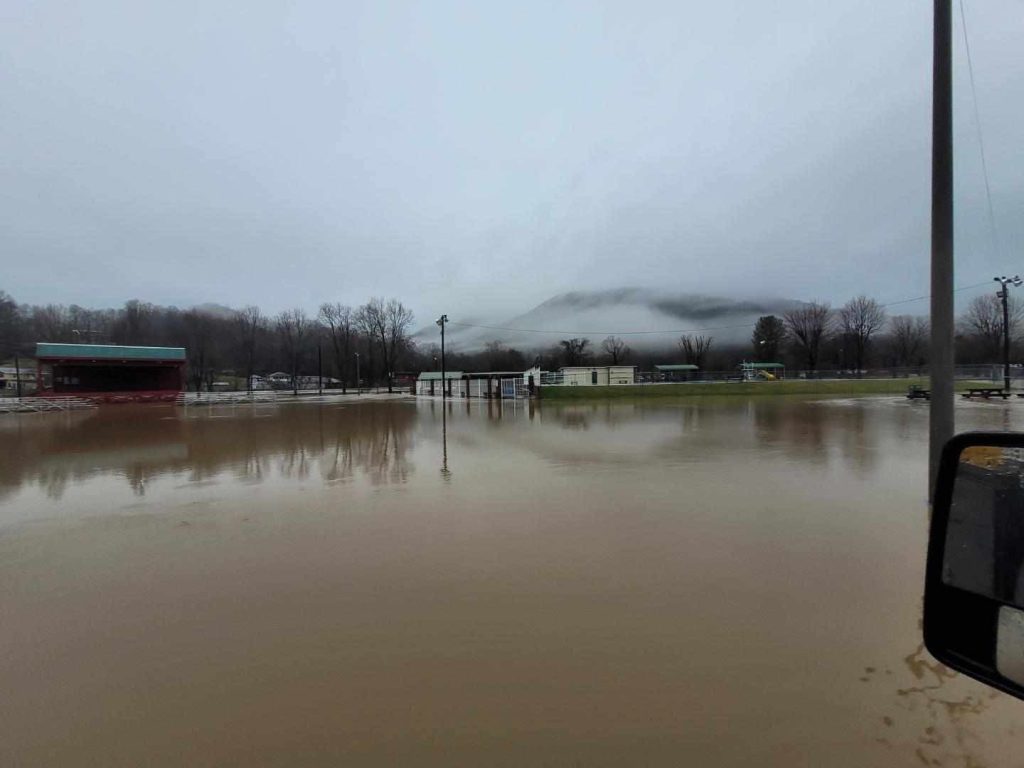 Floodwaters cover Leeman Field during the 2025 flood. 