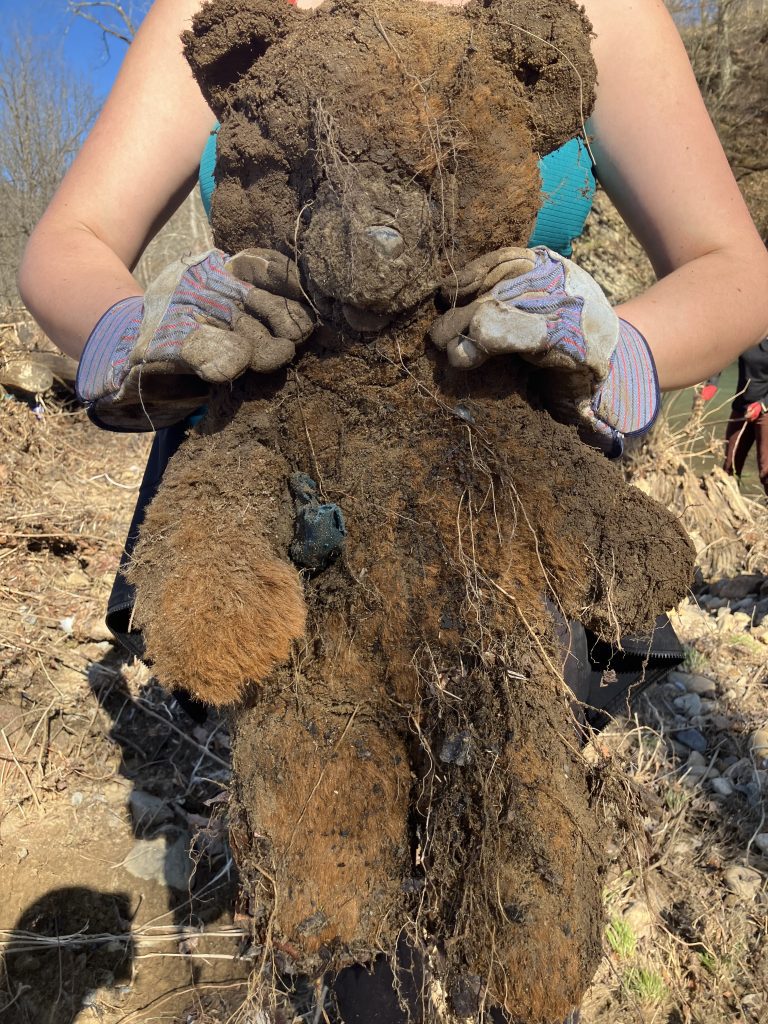 A teddy bear, covered in mud found during the aftermath of the 2025 flood. 