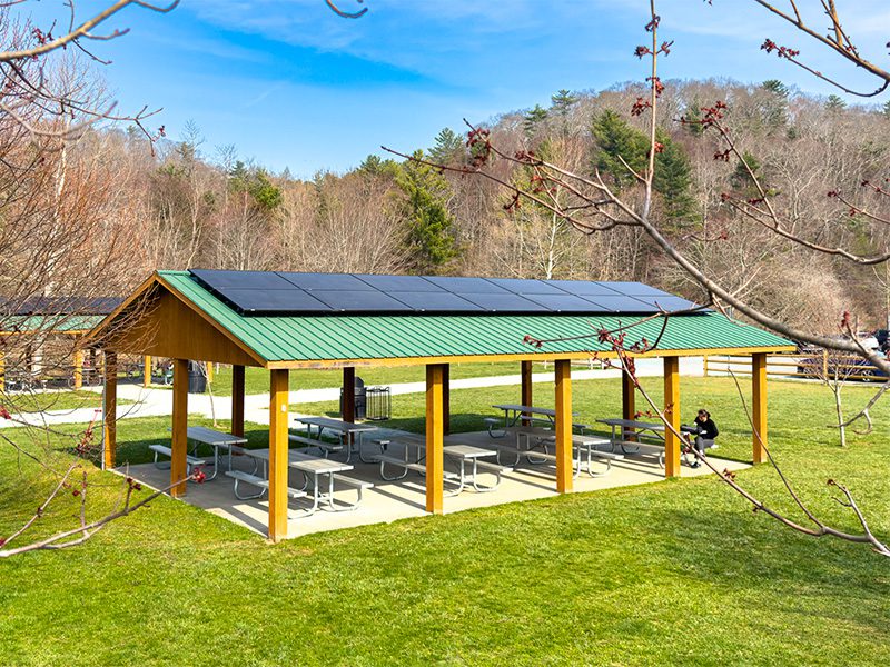 Solar panels on picnic shelters at Clawson-Burnley Park at the greenway in Boone NC. For Clean Energy Tax Credit Report. Photo by Jimmy Davidson