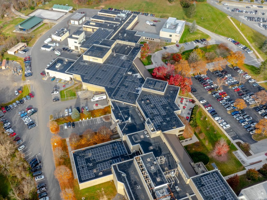 An aerial view of the solar arrays on the Virginia-Maryland College of Veterinary Medicine. Photo by Noah Alderman for Virginia Tech.