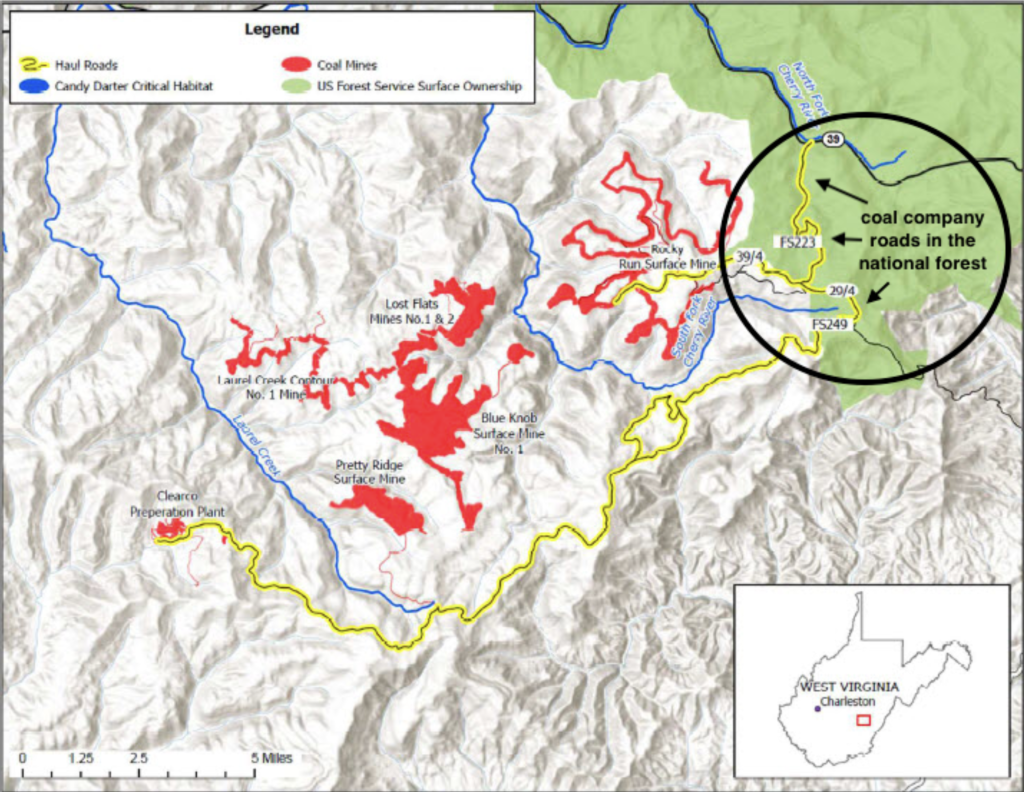 A map showing South Fork Coal Company’s Haulroad #2, and an access road for the Rocky Run Surface Mine unlawfully crossing the National Forest. Image created by Willie Dodson, using a map from Center for Biological Diversity, et al., v. United States Forest Service, et al., v South Fork Coal Company, LLC.