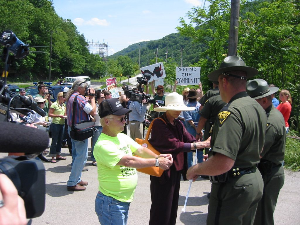 Larry Gibson and others at a protest of the Massey coal prep plant adjacent to Marsh Fork Elementary School in Sundial, West Virginia, during summer 2005. Photo by Allen Johnson.