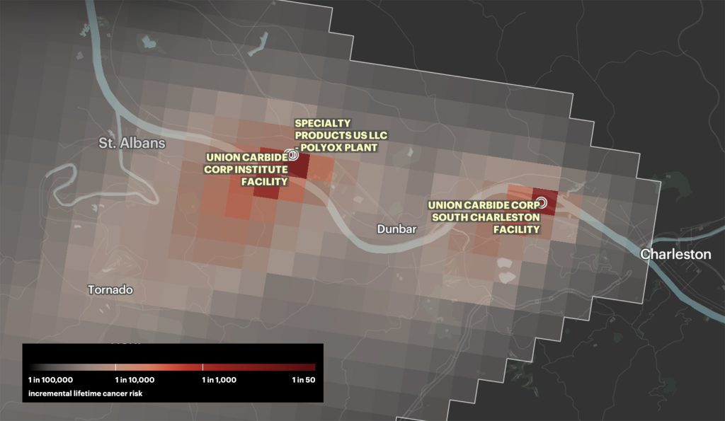 Map displays the incremental lifetime cancer risk near sources of industrial emissions. Map and analysis by ProPublica, 2018