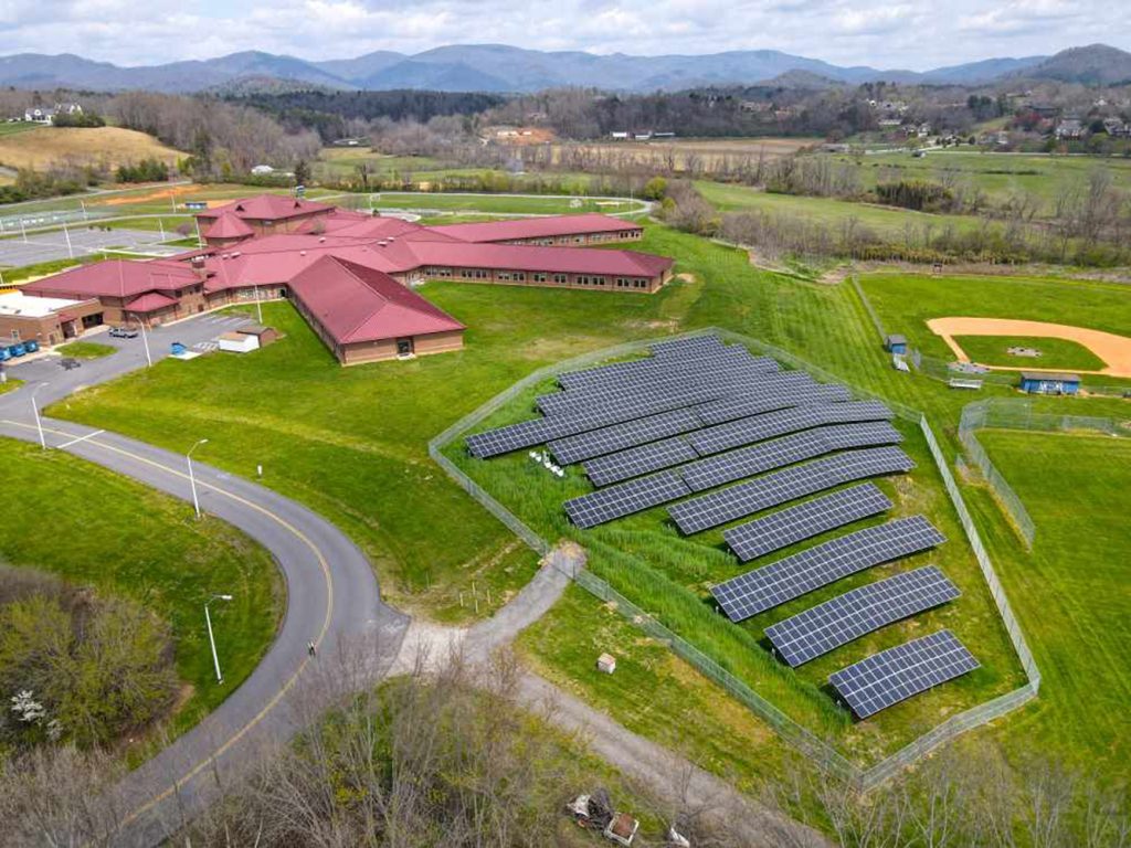 A Buncombe County middle school with solar panels. Courtesy of Pisgah Energy
