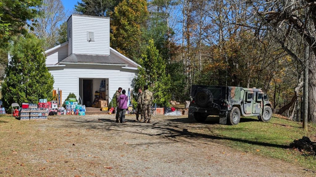 Piney Hill Baptist Church, located northeast of Burnsville, N.C., served as a vital hub for this isolated community cut off by the river along U.S. Route 19E. Due to logistical difficulties sourcing fuel for gasoline generators, Footprint Project helped the hub install solar panels to power its Starlink. Additionally, the nonprofit provided a Tesla Micro Power Unit that powered a well pump on an individual's property. That individual then became the drinking water source for their neighbors. Photo courtesy of Footprint Project