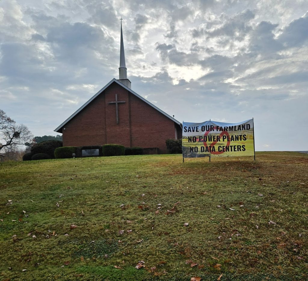 Mill Creek Community Church in Chatham displays on its lawn a banner opposing Balico's proposal. Photo by Jessica Sims