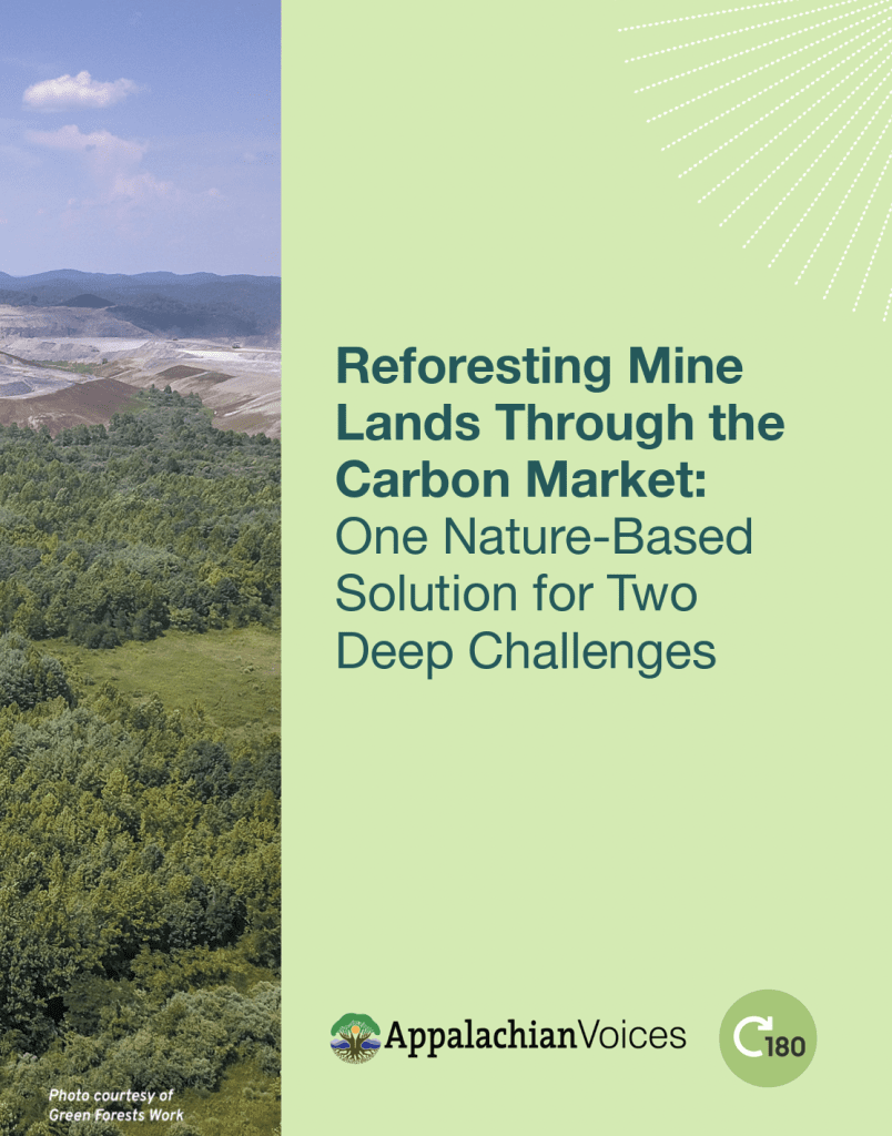 Cover of a report titled “Reforesting Mine Lands Through the Carbon Market” by Appalachian Voices and Carbon 180, featuring a photo of forested and mined land.