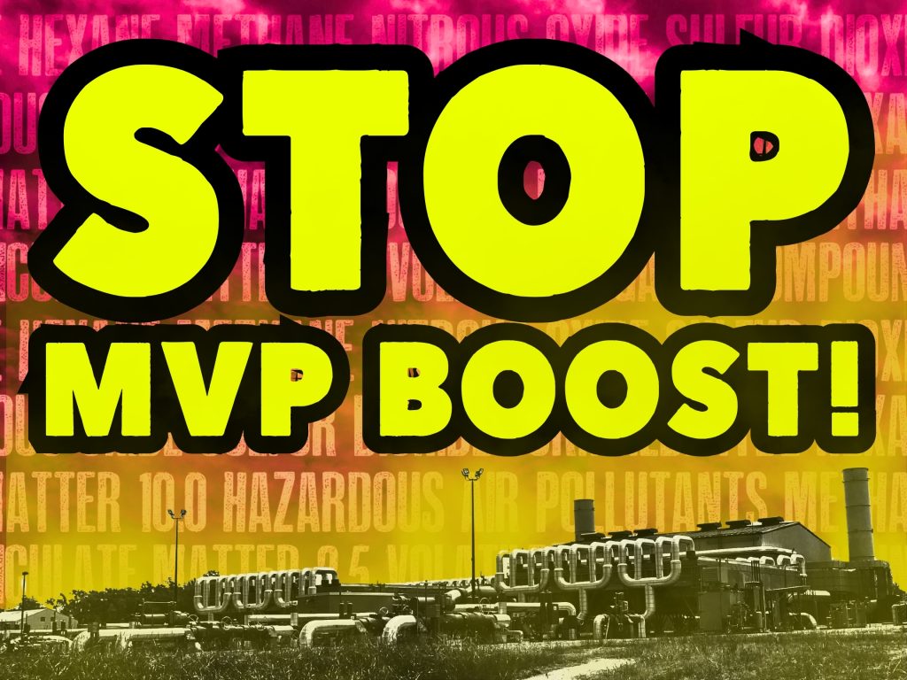 Graphic with STOP MVP Boost written over a pink and yellow gradient background with pipelines in grayscale below