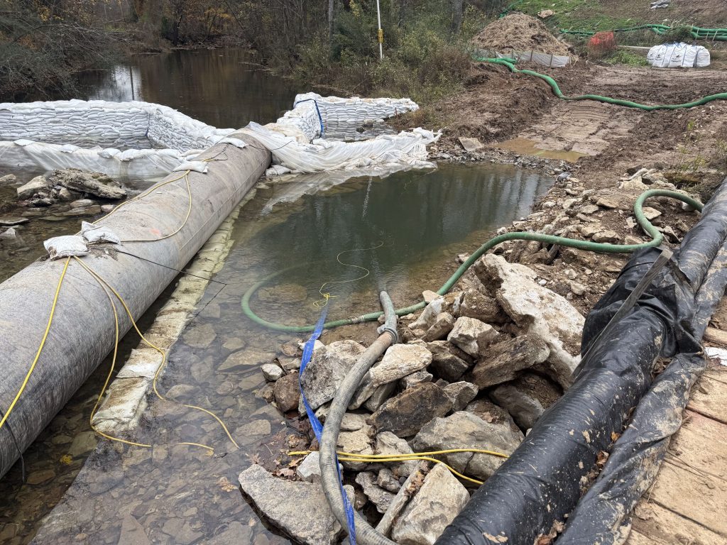 Kinder Morgan’s Cumberland methane gas pipeline is set to cross Big Bartons Creek in Dickson County, Tennessee. Cari Nofsinger owns 40 acres, including part of the creek, which is upstream of pipeline construction. “They dug up the bank of the creek, which I don't believe they have any right to do,” Nofsinger says. “They dammed up part of the creek, so that it’s really high. And I thought if it rains, then it's going to flood. My neighbors are worried that we're going to get flooded out.” Photo courtesy of Cari Nofsinger