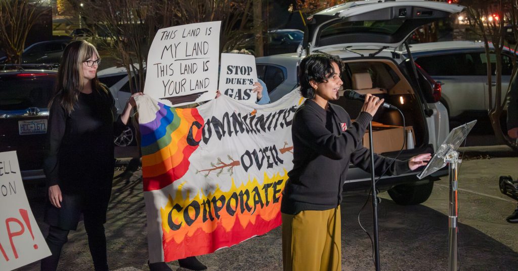 Juhi Modi, North Carolina field coordinator at Appalachian Voices, speaks at the SSEP air permit hearing press conference on Nov. 19. Photo by Jimmy Davidson/Appalachian Voices