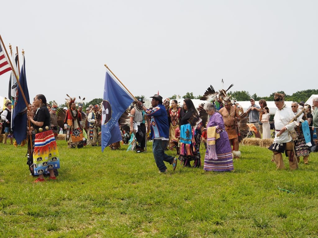 Grand entry during the Monacan Indian Nation Powwow, June 2025. This is the future site of Yesáh Community House. Photo courtesy of MAAV