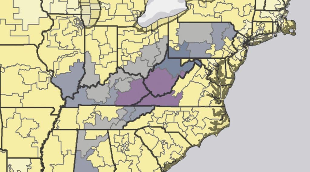 A map displaying black lung disease cases throughout the Appalachian coalfields based on 2025 Department of Labor Data. Map created by Matt Hepler.