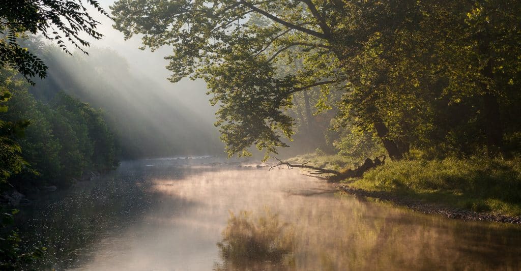 Fog over the South Branch of the Potomac River in Smoke Hole Canyon in West Virginia.