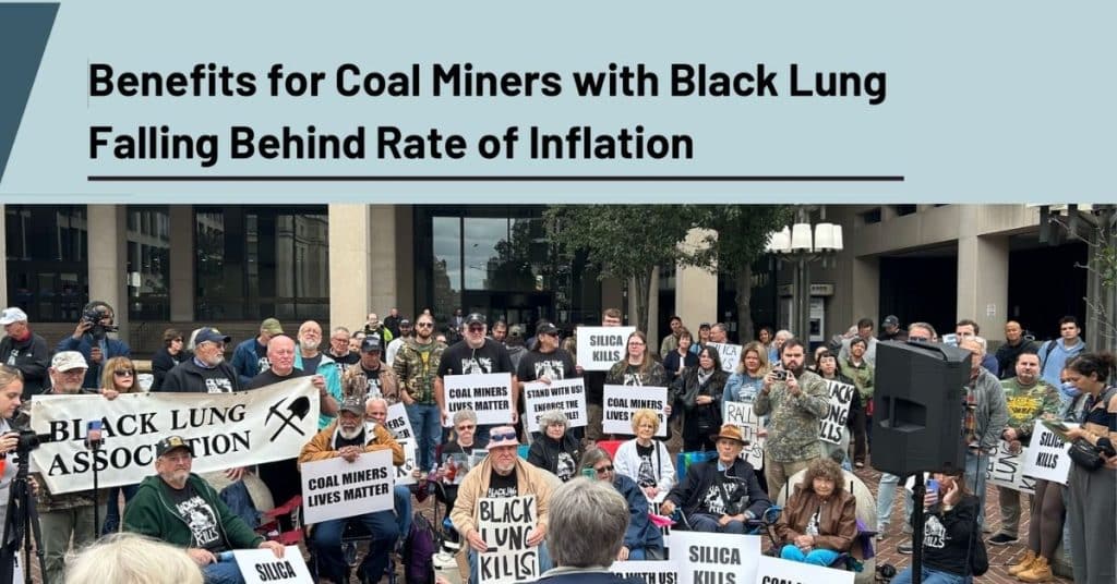 Coal miners and advocates gather outside a government building holding signs reading “Black Lung Association,” and “Black Lung Kills,” during a rally in Washington, D.C.