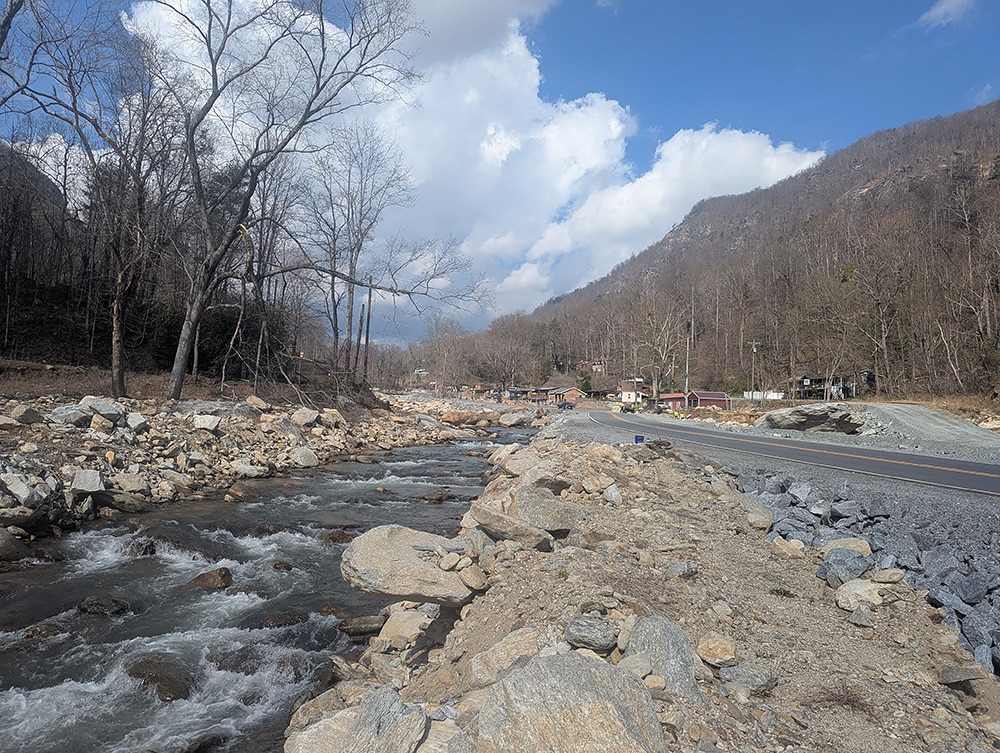 A temporary roadway along the Rocky Broad river