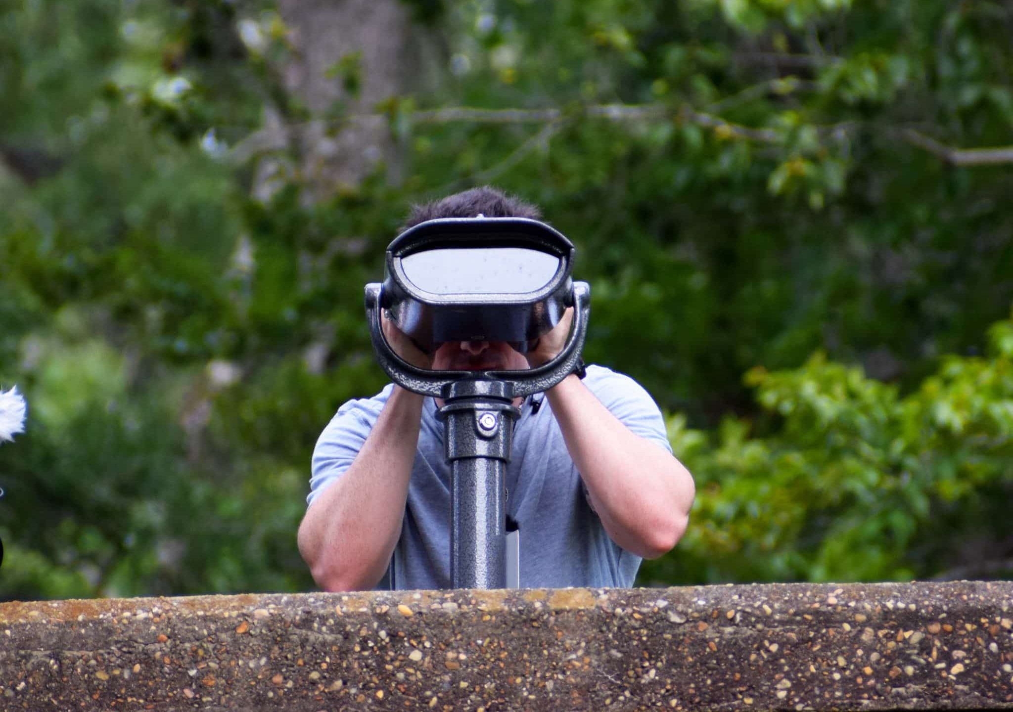 Zachary Easparro, a colorblind participant at the EnChroma event at Pocahontas State Park, uses the colorblind viewfinder installed in the park in 2024. Photo courtesy of Kim Wells