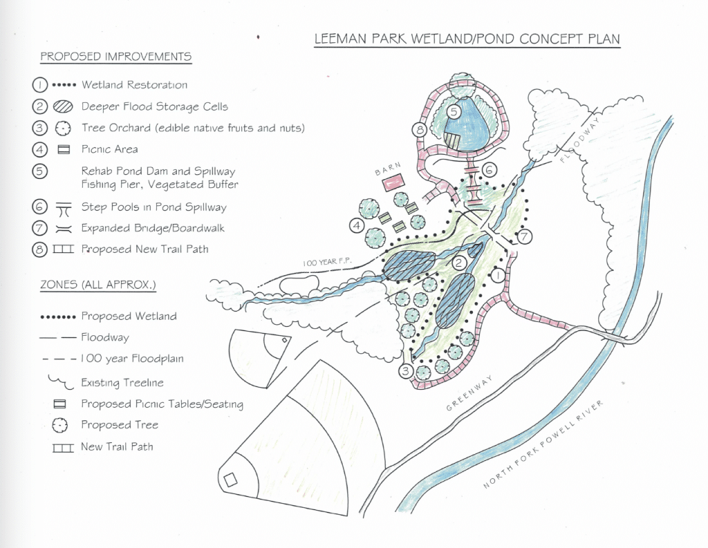 In far Southwest Virginia, the Town of Pennington Gap is addressing recurring flooding along the Powell River by creating new wetlands at Leeman Park. The Community Flood Preparedness Fund is paying for design and construction. Design sketch by Hirschman Water & Environment, LLC