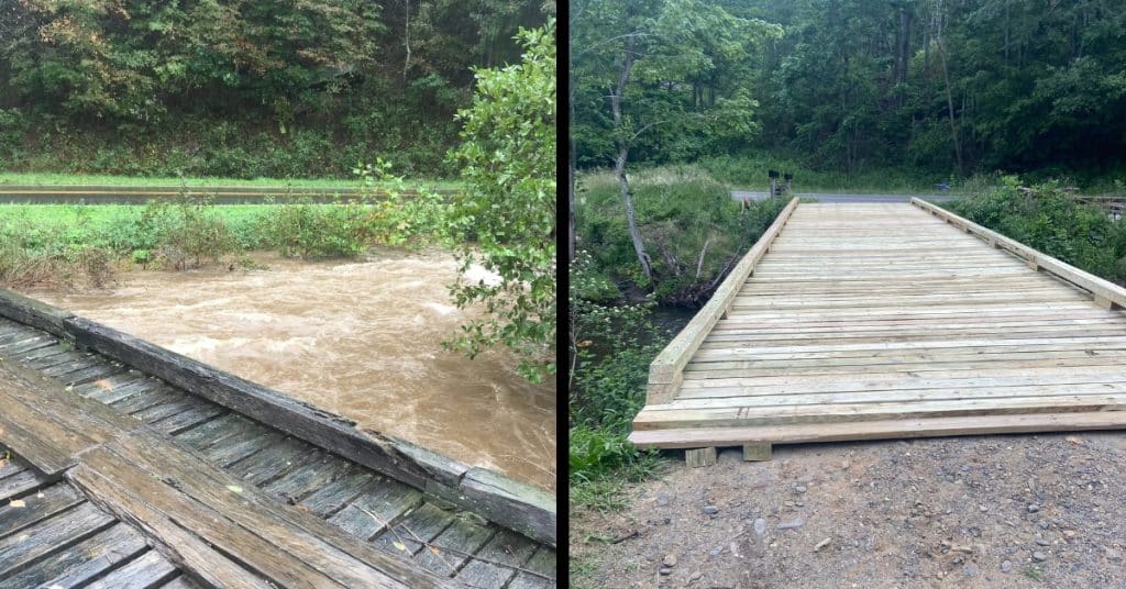 Before and after: Charity Woodard’s old and new bridge in Todd, N.C. Photo courtesy of Charity Woodard