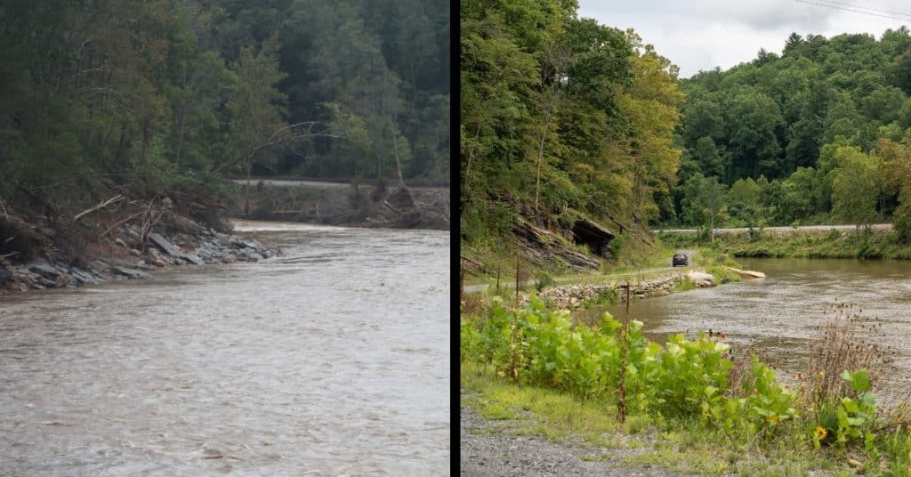 Before and after: A public road leading to Charles and Trish Ciaffone’s private road and driveway in rural Yancey County. Photo by Charles and Trish Ciaffone