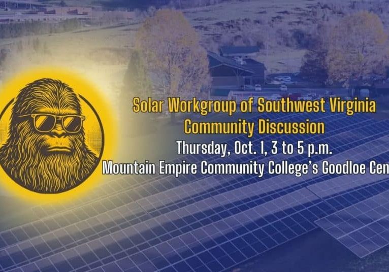 Banner promoting a Solar Workgroup of Southwest Virginia community discussion, featuring solar panels, a rural landscape, and a stylized sun graphic with a sunglasses-wearing Bigfoot. The event is Thursday, Oct. 1, from 3–5 p.m. at Mountain Empire Community College’s Goodloe Center.